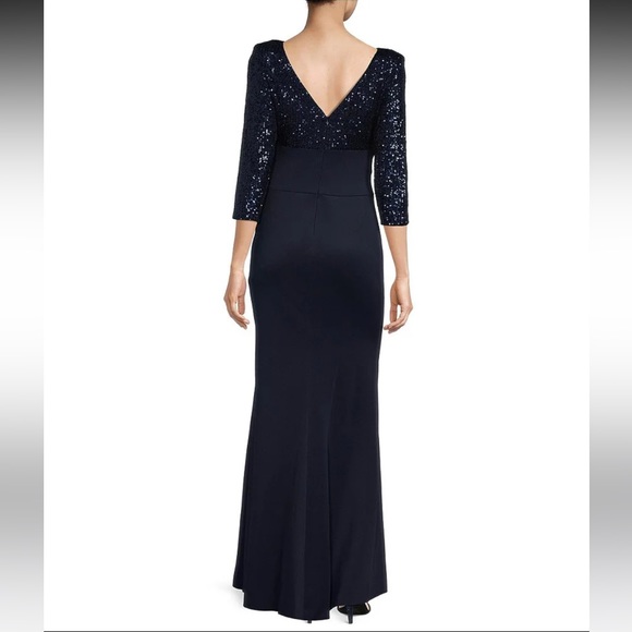 Eliza J 3/4 Sleeve Boat Neck Sequin Side Ruffle V-Back A-Line Gown - Picture 4 of 6